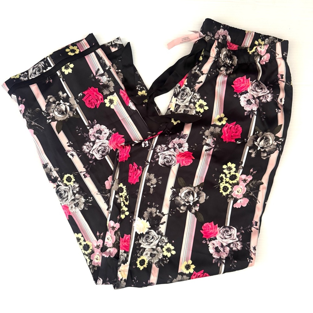 Victoria's Secret Satin PJs Pajamas Black Floral Stripe Print VS Size Medium - Picture 6 of 8